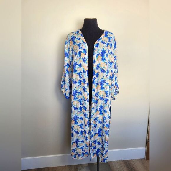 Sadie & Sage Kimono Blue Floral Swiss Dot Open Front Side Slit Fairy Boho Medium - Picture 1 of 9